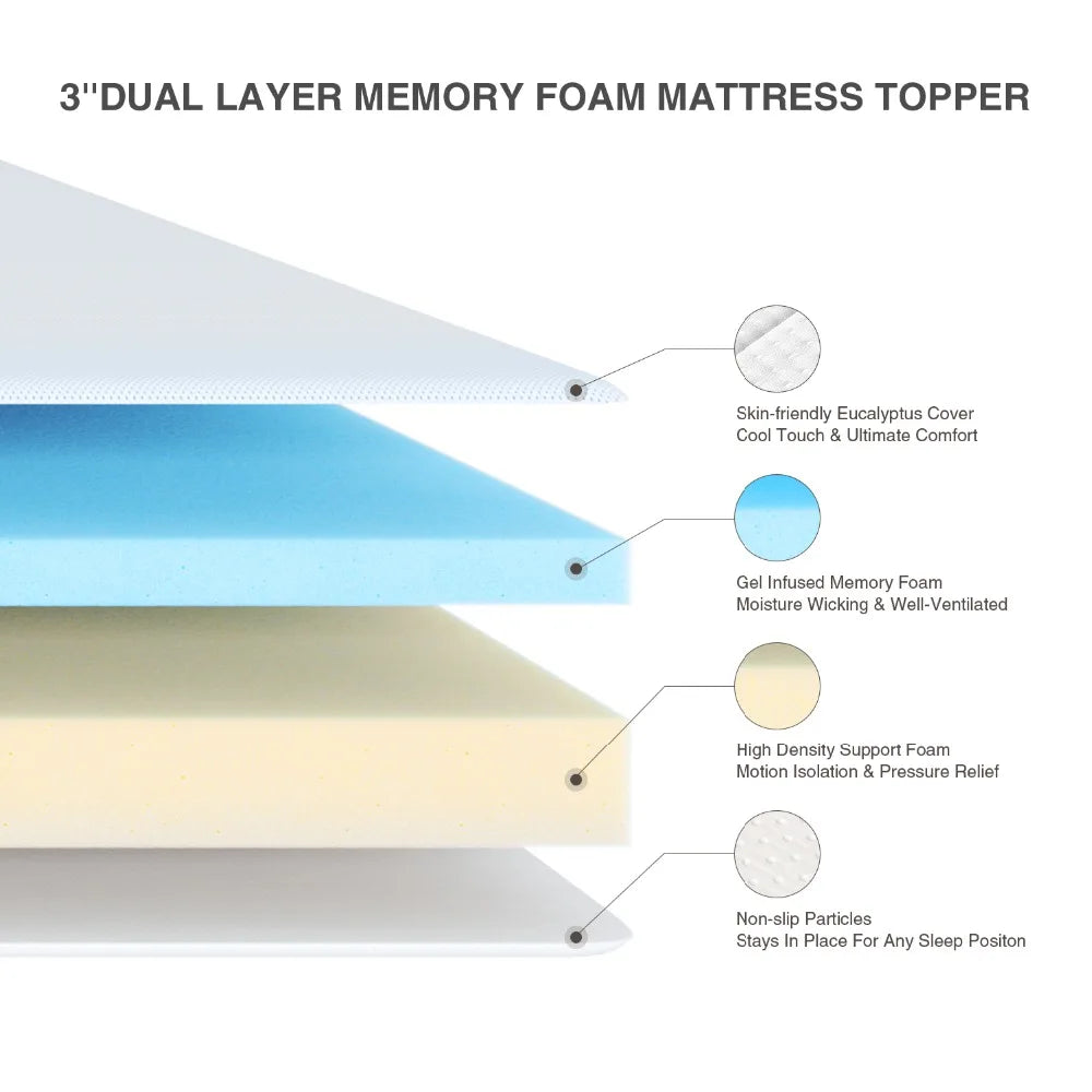 Premium Memory Foam Mattress Toppers with Zipper Bamboo Cover Soft Gel Foam Bed King Queen Twin FUll Size Mattress Help Sleep