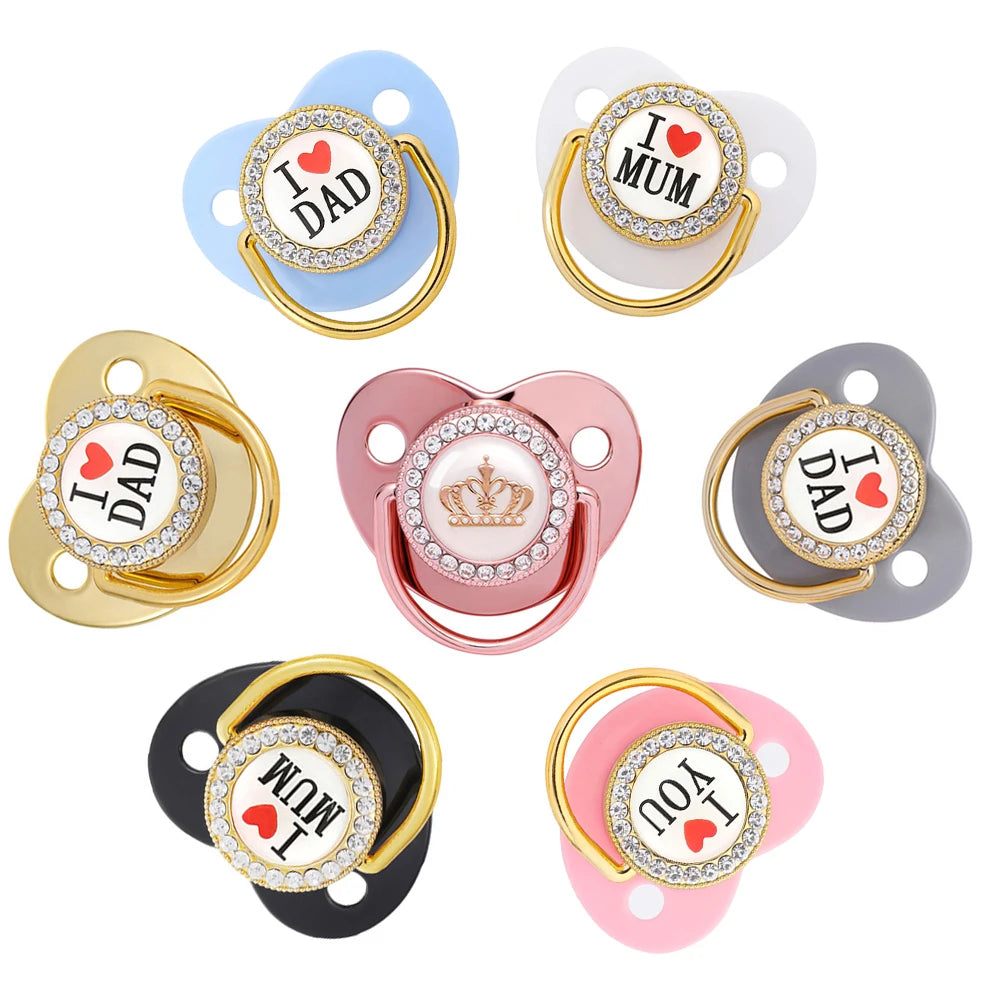 Newborn Pacifier Baby Shower Gift Bling Baby Dummy Silicone BPA Free Infant Nipple New Born Pacifiers For Babies I Love Mum Dad