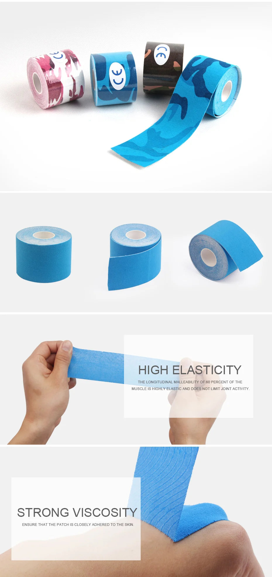 5 Pieces 5mx5cm Kinesiology Tape Sports Safety Tape Bandage Strain Injury Support Waterproof Elastic Physio Kinesiotape Patch