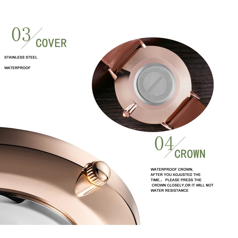Hannah Martin Brand Fashion  Japan Quartz Wrist Watches Silver Brown Leather Men Watch Waterproof Dress Watch Men Casual