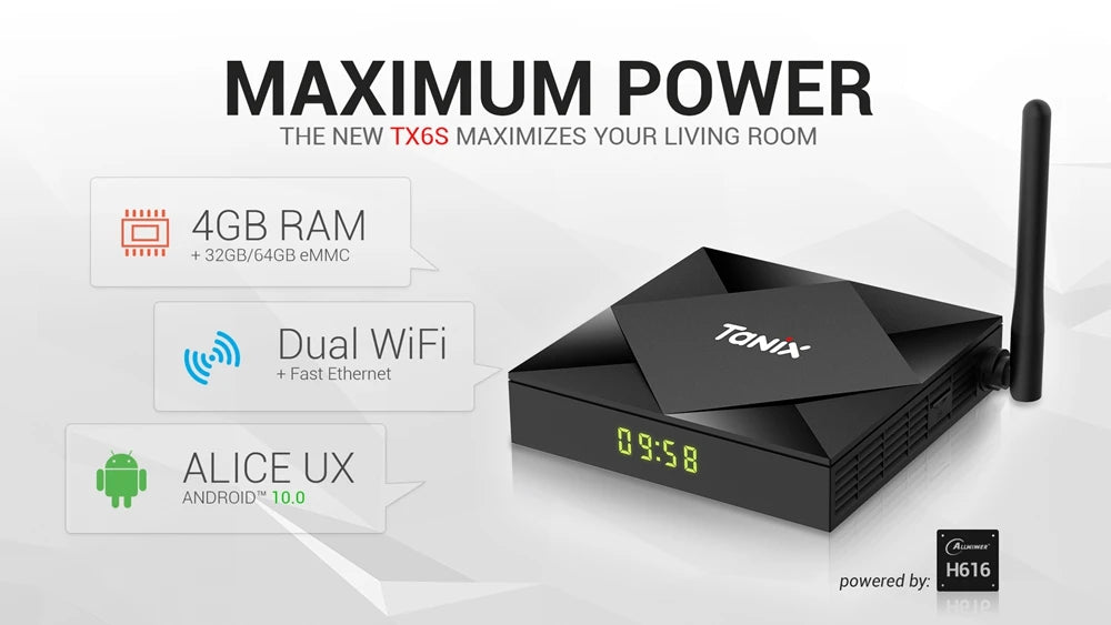 Android 10.0 Tanix TX6S TV Box Allwinner H616 Quad Core 4G RAM 32GB 64GB ROM 2.4G/5GHz Wifi BT 6K H.265 Media Player