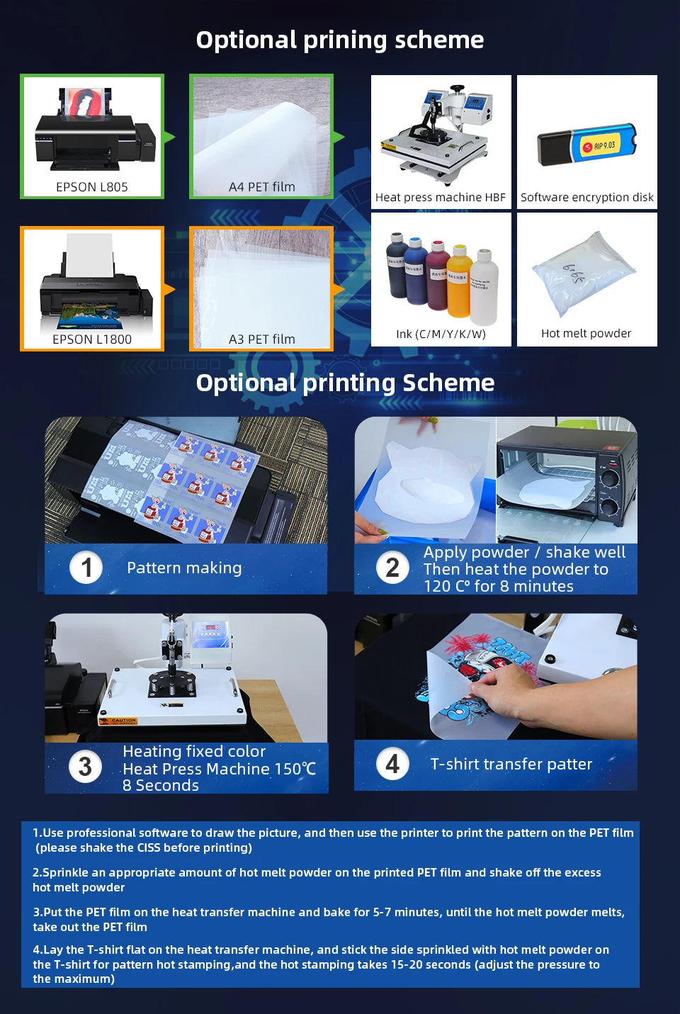 A3 DTF Printer Bundle for Epson L1800 Directly Transfer Film DTF Printer with Oven Dryer A3 DTF Machine For T-shirt All Fabric