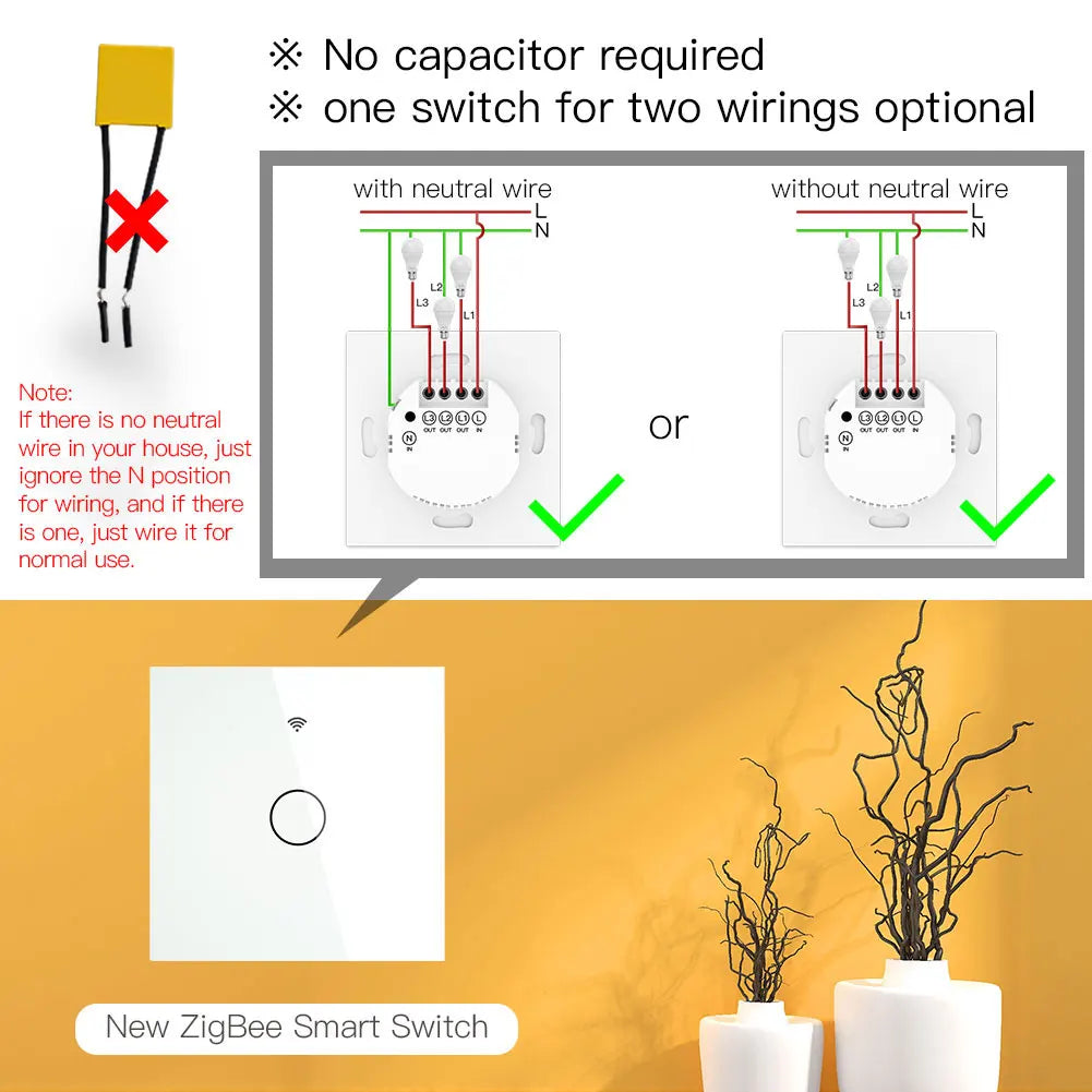 ZigBee Wall Touch Smart Light Switch With Neutral/No Neutral ,No Capacitor Smart Life/Tuya Works with Alexa,Google Hub Required