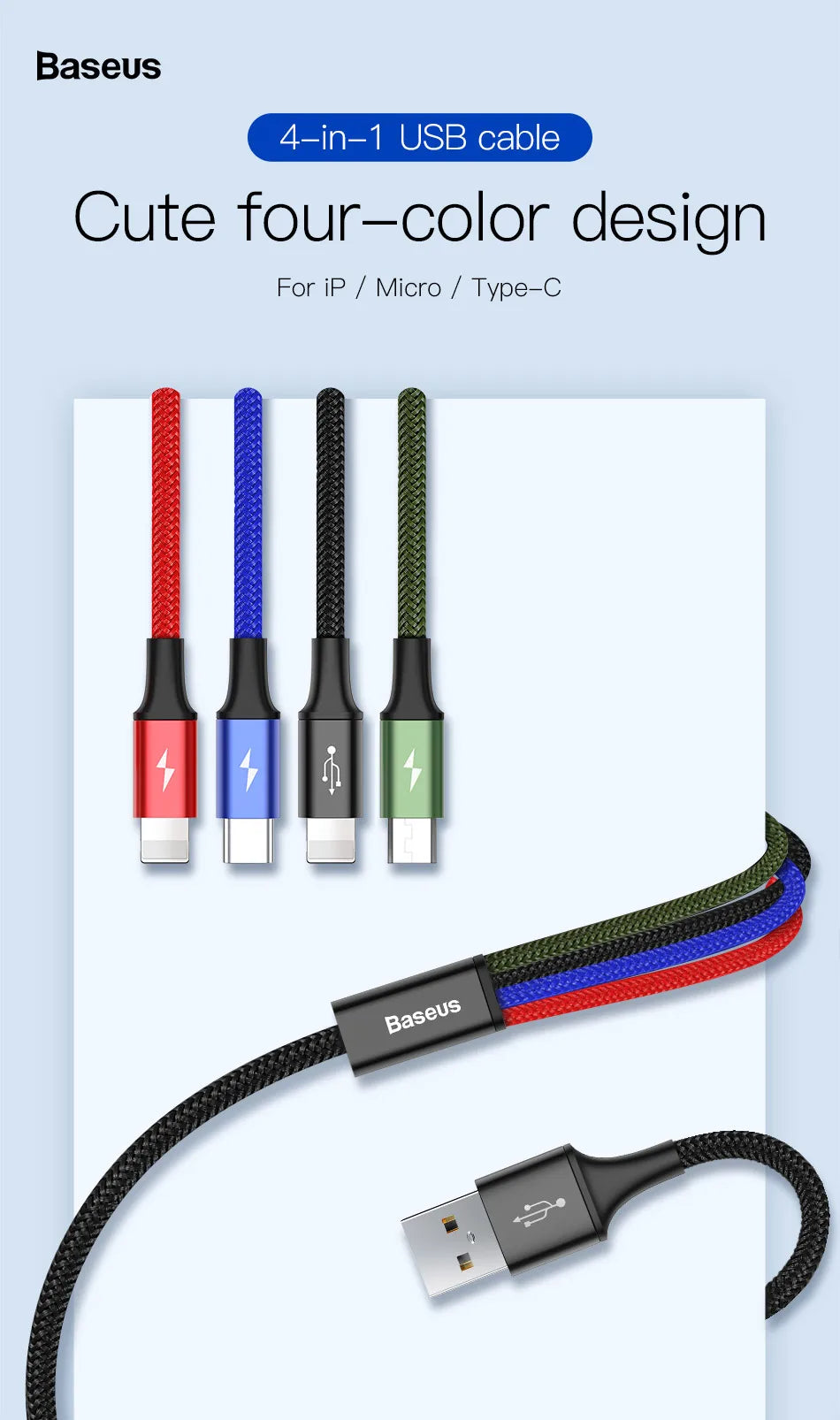 Baseus 4 in 1 USB Cable Type C Cable for Samsung S20 Xiaomi Mi 9 Cable for iPhone 12 X 11 Pro Max Huawei Charger Micro USB Cable