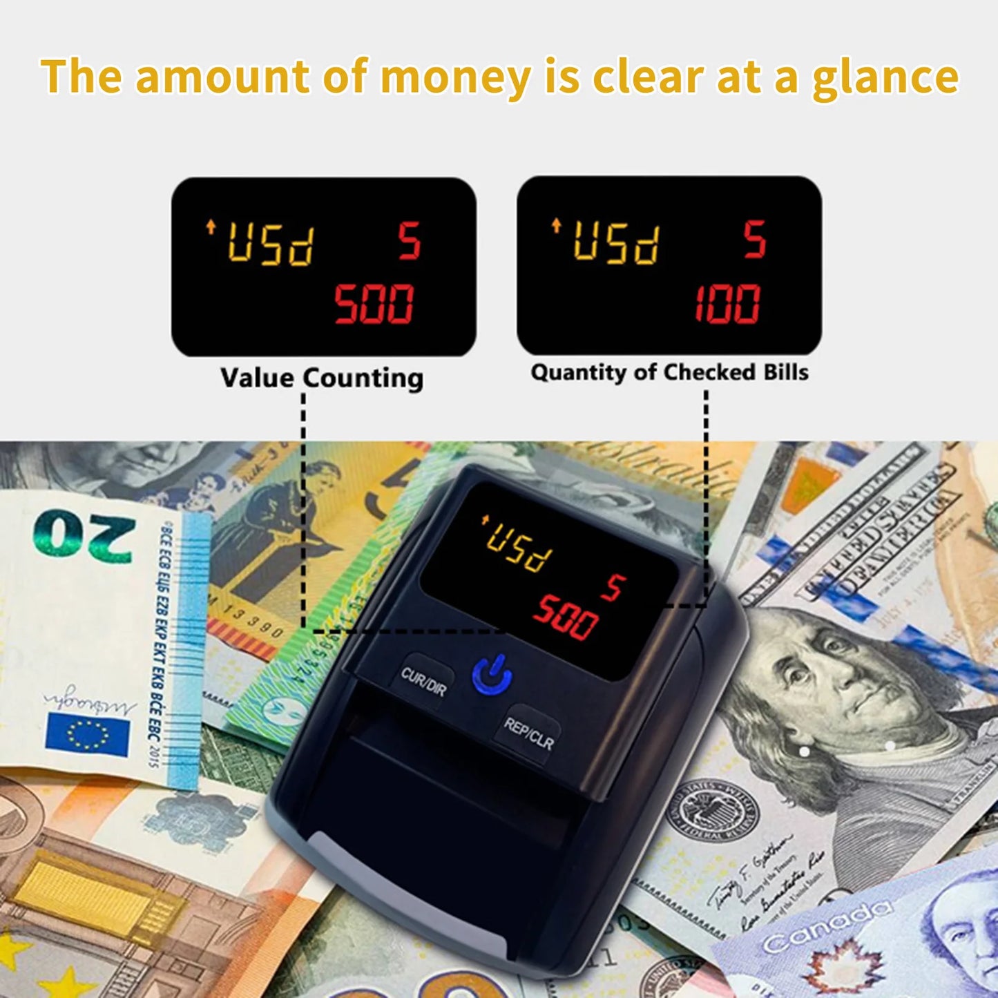 Bisofice Portable Mini Money Counter Counterfeit Bill Detector Automatic Money Detection By UV MG IR Image Paper Quality Size