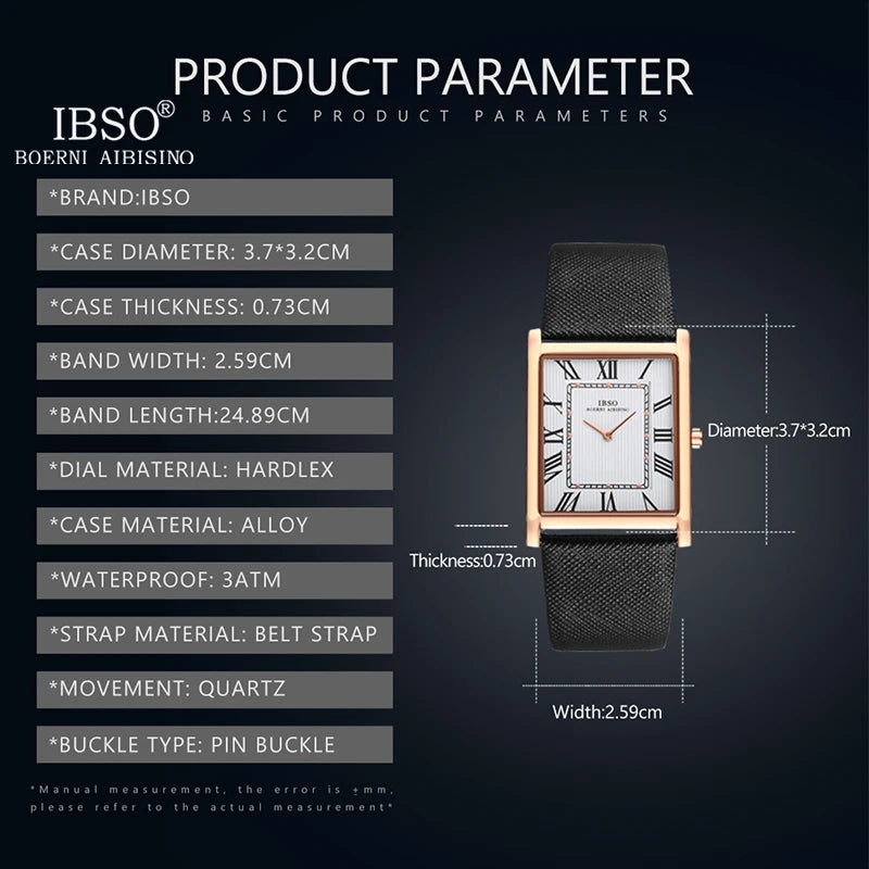 IBSO Ultra-Thin Rectangle Dial Men's Quartz Watch Luxury Business Style Genuine Leather Strap Waterproof New Men WristWatches