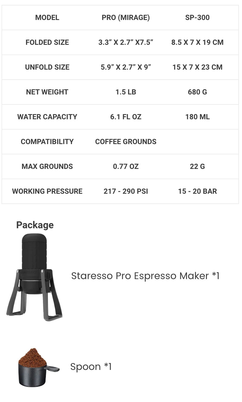 STARESSO Mirage SP300 Plus Portable Espresso Maker Manual Coffee Maker 180ml Coffee Pot Quick Brew Double Shots Creamy Espresso