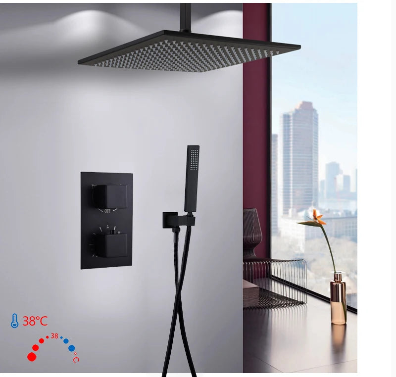 Matte Black Thermostatic Shower Faucet with Rainfall Head And Bathtub Spout Wall-Mounted Concealed Brass Shower  for Bathroom