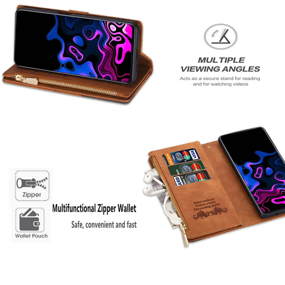 Flip Leather Case For XiaoMi 14T 13T 12T 11T 11 Lite Redmi Note 15 14 13 11S 12 Pro Plus Zipper Card Slot Wallet Bag Cover