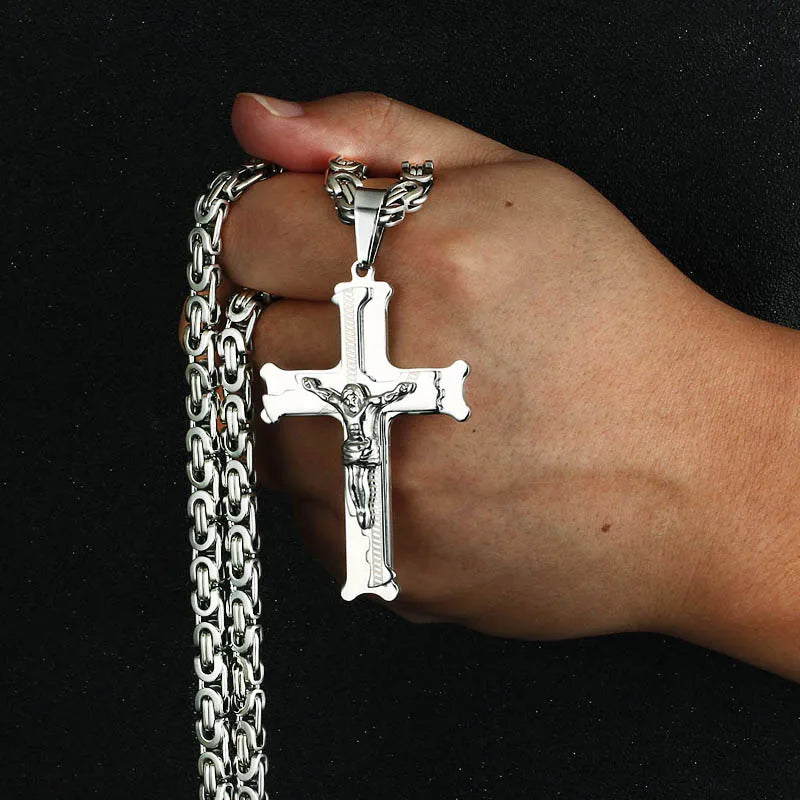Stainless Steel Crucifix Jesus Byzantine Link Chain Necklace Fish Bone Pattern Cross Pendant Necklace Catholic Jewelry Men Gift
