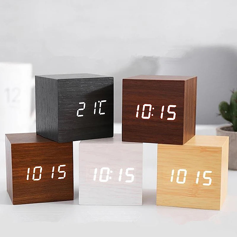 USB/AAA  Clocks LED Wooden Alarm Clock Watch Table Voice Control Digital Wood Despertador Electronic Desktop Table Decor