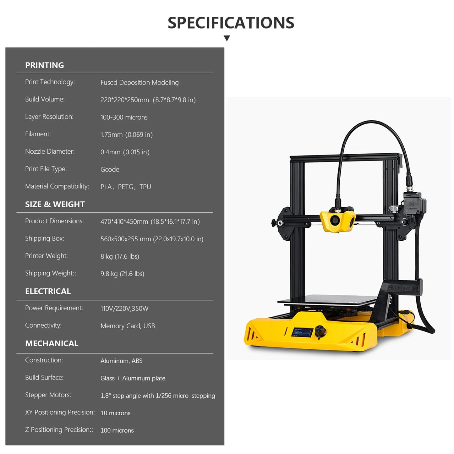 Go Hornet Precision 3D Printer 95% Pre-Assembled Build Volume Silent Printing with Remote Drive Extruder Works