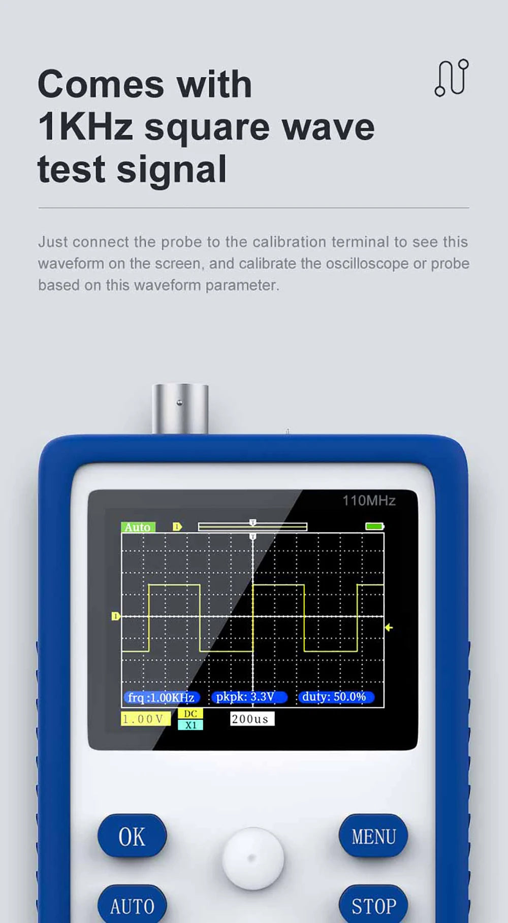 FNIRSI-1C15 Handheld Mini Portable Digital Oscilloscope 110M Bandwidth 500MSps Sampling Rate 1Khz Square Wave Waveform Storage