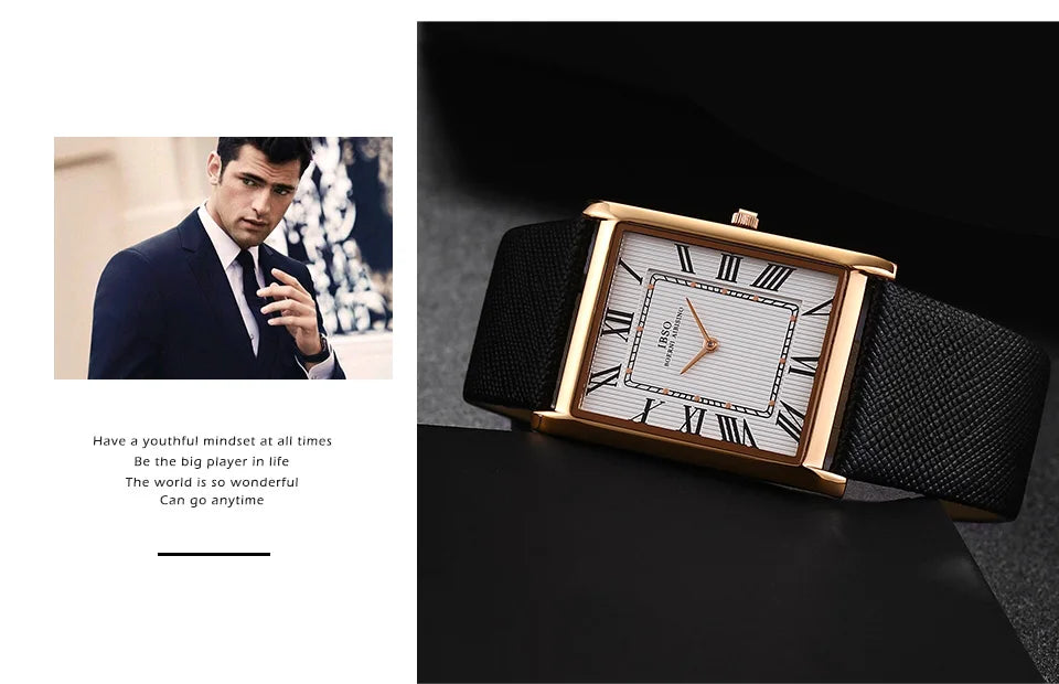 IBSO Ultra-Thin Rectangle Dial Men's Quartz Watch Luxury Business Style Genuine Leather Strap Waterproof New Men WristWatches