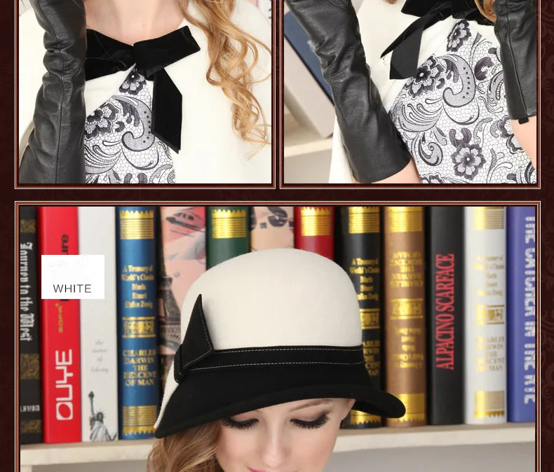 FS Wide Brim White Wool Felt Hats Bow Bowler Fedora Hat For Women Femme Tea Party Dress Cloche Ladies Church Fedoras Caps Hat
