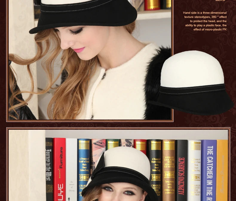 FS Wide Brim White Wool Felt Hats Bow Bowler Fedora Hat For Women Femme Tea Party Dress Cloche Ladies Church Fedoras Caps Hat
