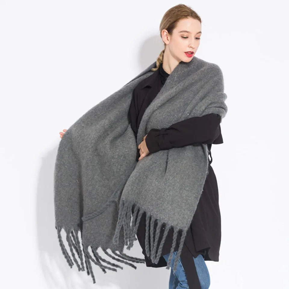 Solid Color Women Thick Shawl Scarf Winter Warm Fashion Pashmina Scarves Long Tassel Hijab Stole Bufanda Mujer