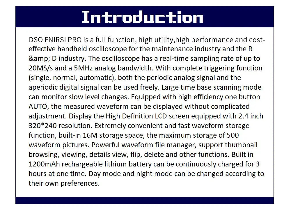 FNIRSI DSO PRO Mini Digital Oscilloscope 5MHz Analog Bandwidth 20MSps Sampling Rate Support Waveform Storage Viewing