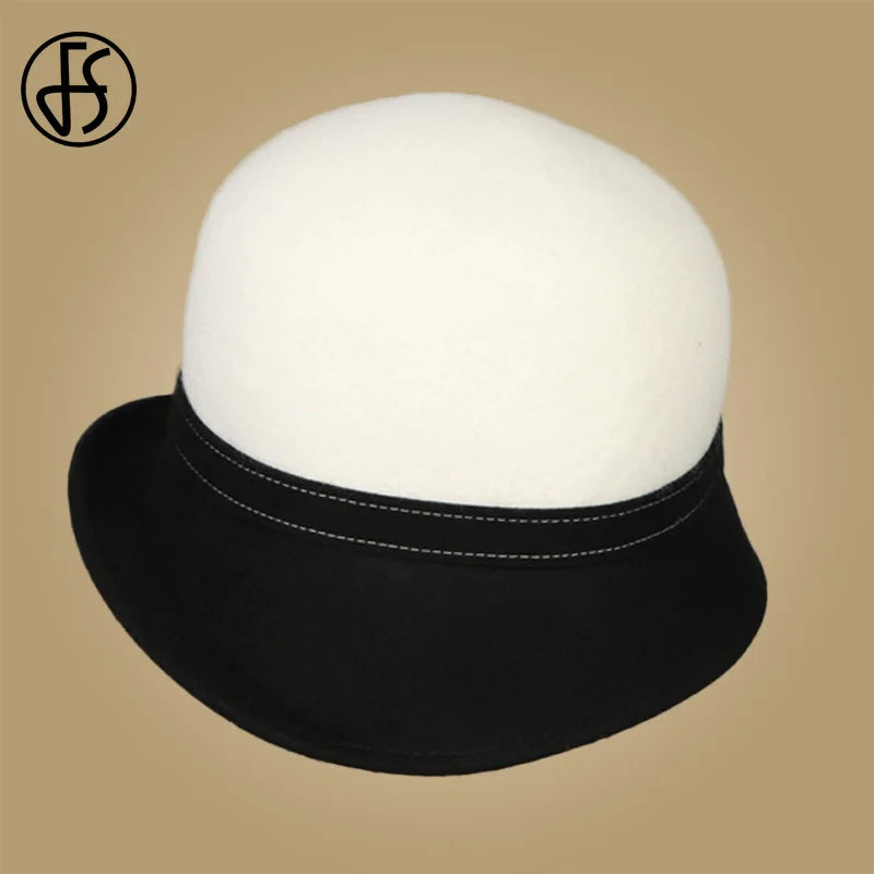 FS Wide Brim White Wool Felt Hats Bow Bowler Fedora Hat For Women Femme Tea Party Dress Cloche Ladies Church Fedoras Caps Hat
