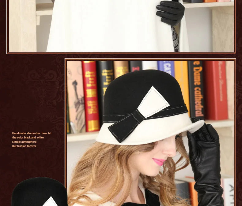FS Wide Brim White Wool Felt Hats Bow Bowler Fedora Hat For Women Femme Tea Party Dress Cloche Ladies Church Fedoras Caps Hat