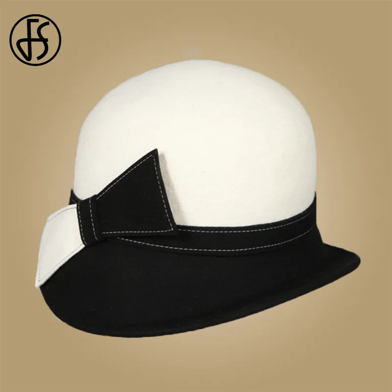 FS Wide Brim White Wool Felt Hats Bow Bowler Fedora Hat For Women Femme Tea Party Dress Cloche Ladies Church Fedoras Caps Hat