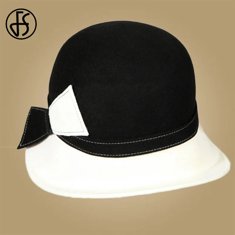 FS Wide Brim White Wool Felt Hats Bow Bowler Fedora Hat For Women Femme Tea Party Dress Cloche Ladies Church Fedoras Caps Hat