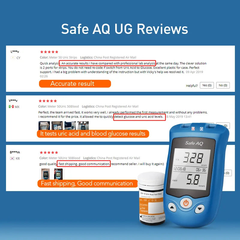 Sinocare Blood Glucose Meter Uric Acid Test Kit & Glucose Strips  Safe AQ UG  Uric Strips for Diabetes Gout Pregnant Glucometer