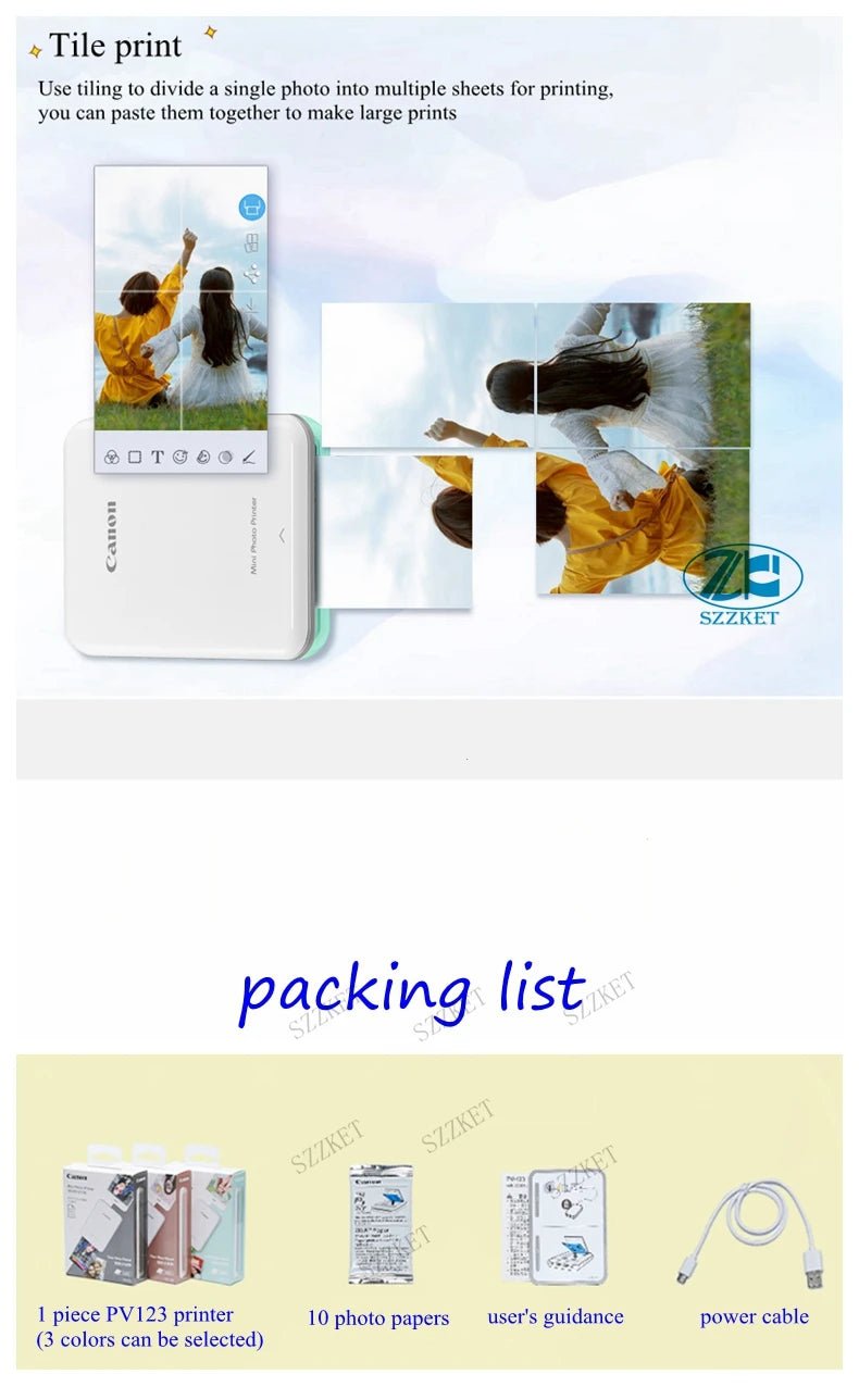 PV123 pocket phone photo printer inkless portable Bluetooth color photo printer gift best choice for Canon PV-123