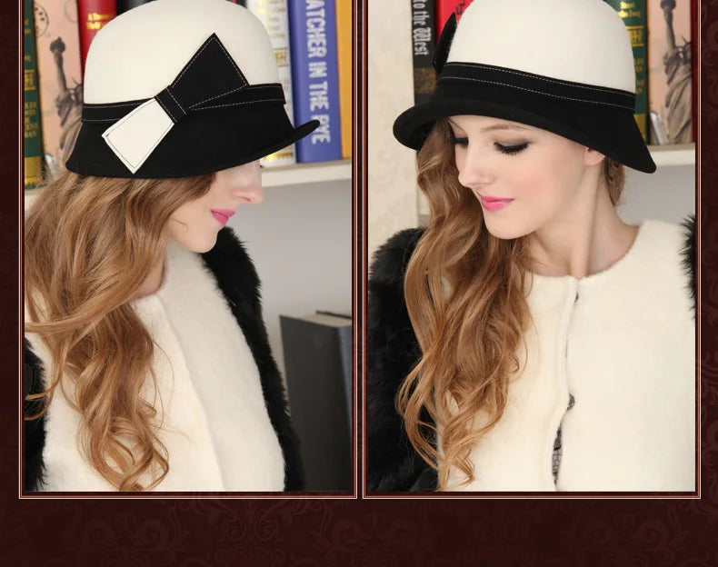 FS Wide Brim White Wool Felt Hats Bow Bowler Fedora Hat For Women Femme Tea Party Dress Cloche Ladies Church Fedoras Caps Hat