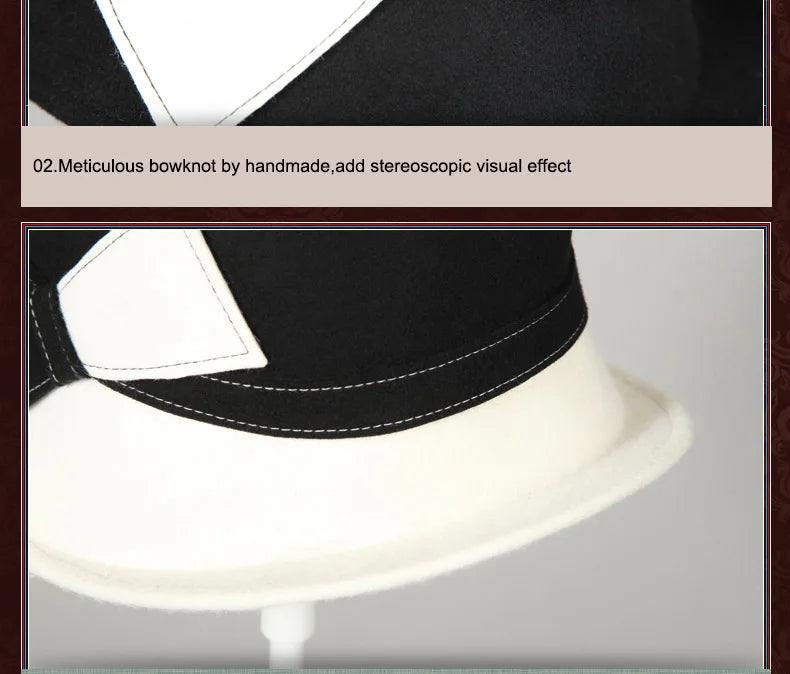 FS Wide Brim White Wool Felt Hats Bow Bowler Fedora Hat For Women Femme Tea Party Dress Cloche Ladies Church Fedoras Caps Hat