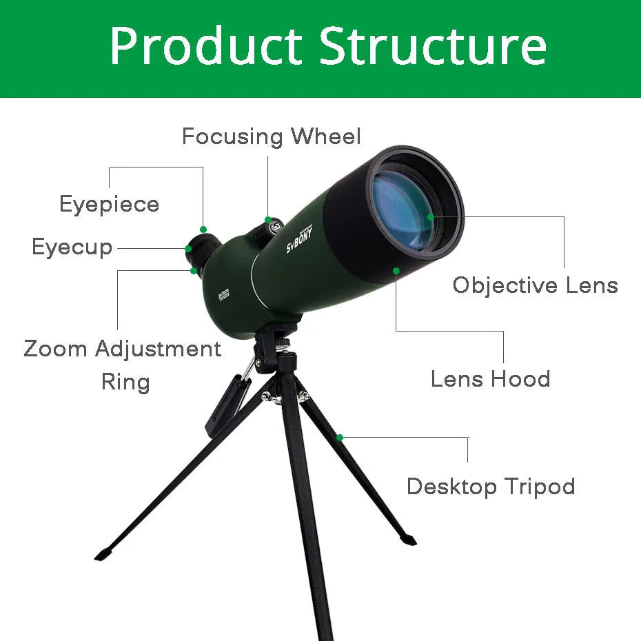 SVBONY 50/60/70/80 Spotting Scope Zoom Telescope Powerful  Waterproof Long Range PORRO Prism for Shooting camping equipment