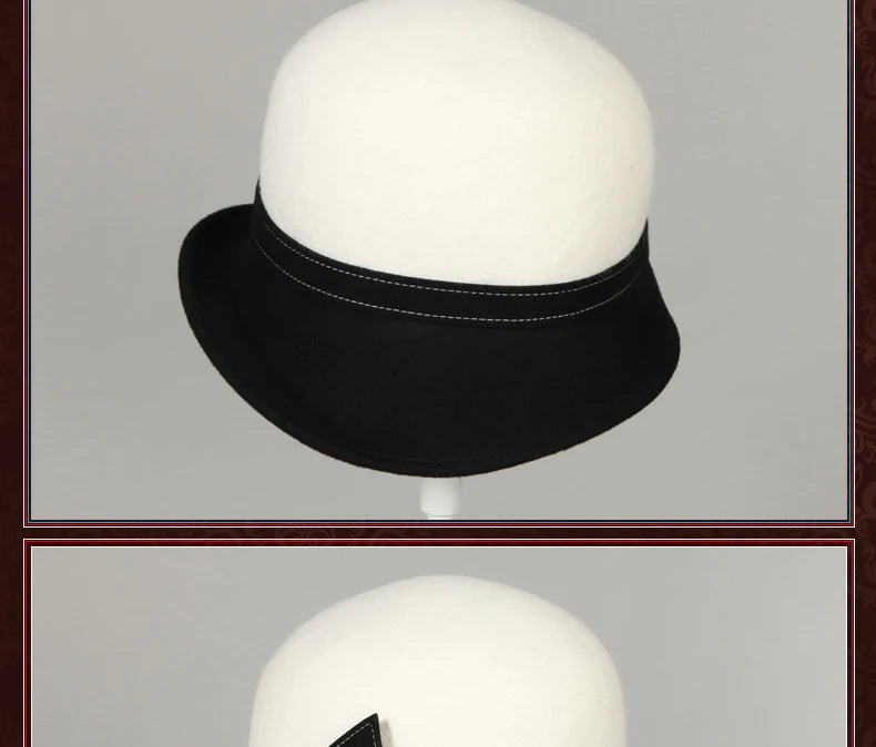 FS Wide Brim White Wool Felt Hats Bow Bowler Fedora Hat For Women Femme Tea Party Dress Cloche Ladies Church Fedoras Caps Hat