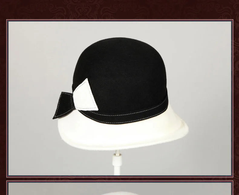 FS Wide Brim White Wool Felt Hats Bow Bowler Fedora Hat For Women Femme Tea Party Dress Cloche Ladies Church Fedoras Caps Hat