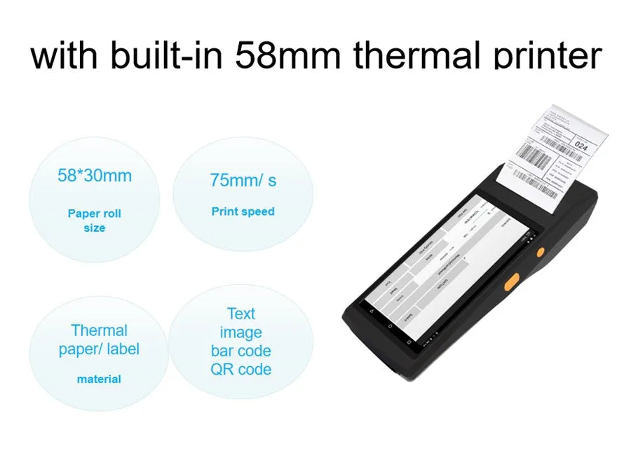 Android POS Terminal 58mm paper ticket label sticker printing Handheld 1D 2D barcode scanner with thermal printer