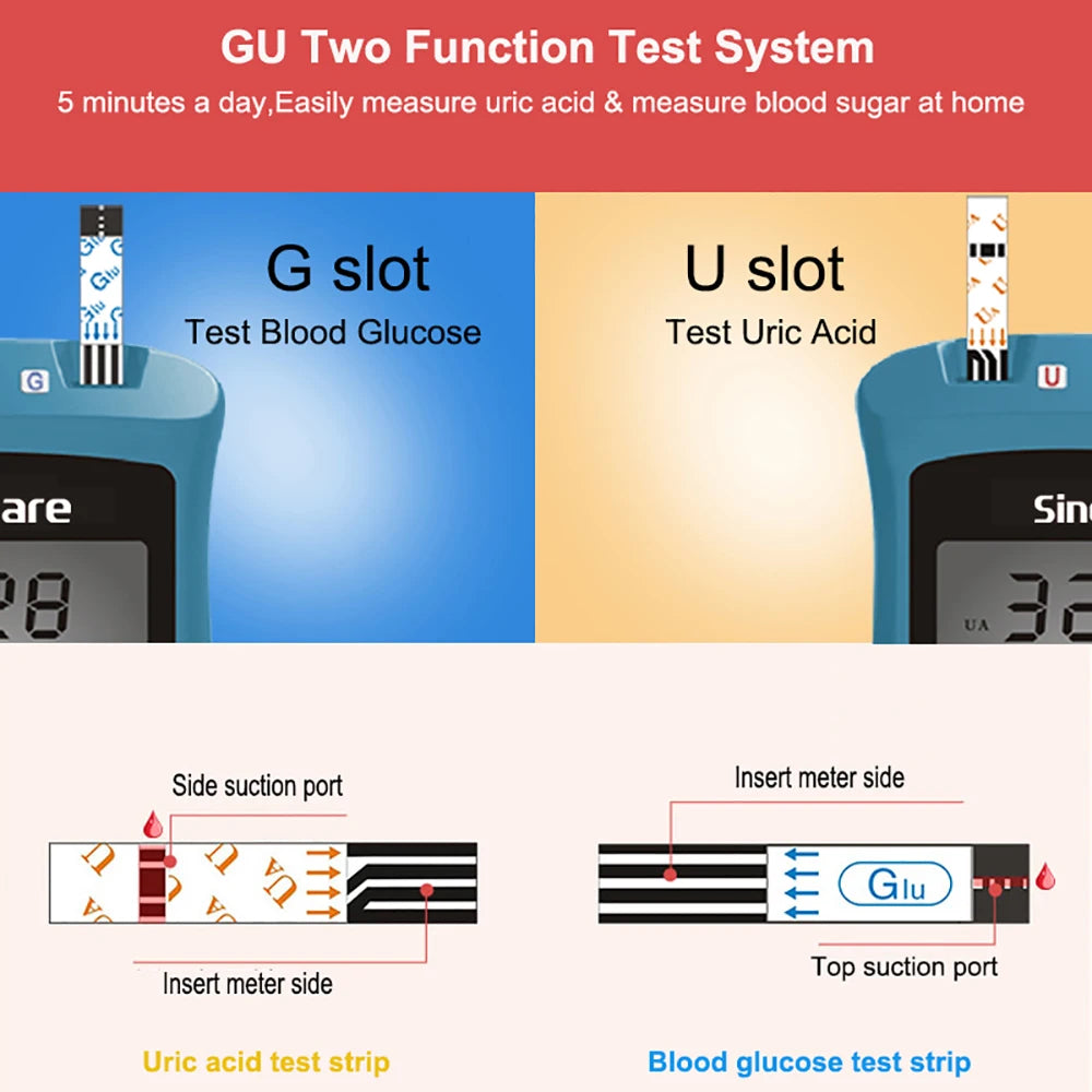 Sinocare Blood Glucose Meter Uric Acid Test Kit & Glucose Strips  Safe AQ UG  Uric Strips for Diabetes Gout Pregnant Glucometer