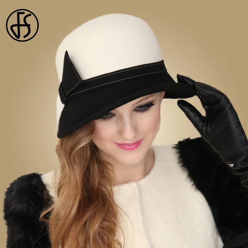 FS Wide Brim White Wool Felt Hats Bow Bowler Fedora Hat For Women Femme Tea Party Dress Cloche Ladies Church Fedoras Caps Hat
