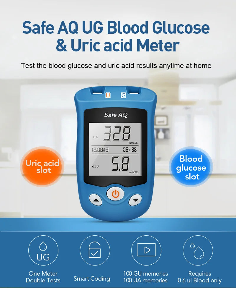 Sinocare Blood Glucose Meter Uric Acid Test Kit & Glucose Strips  Safe AQ UG  Uric Strips for Diabetes Gout Pregnant Glucometer