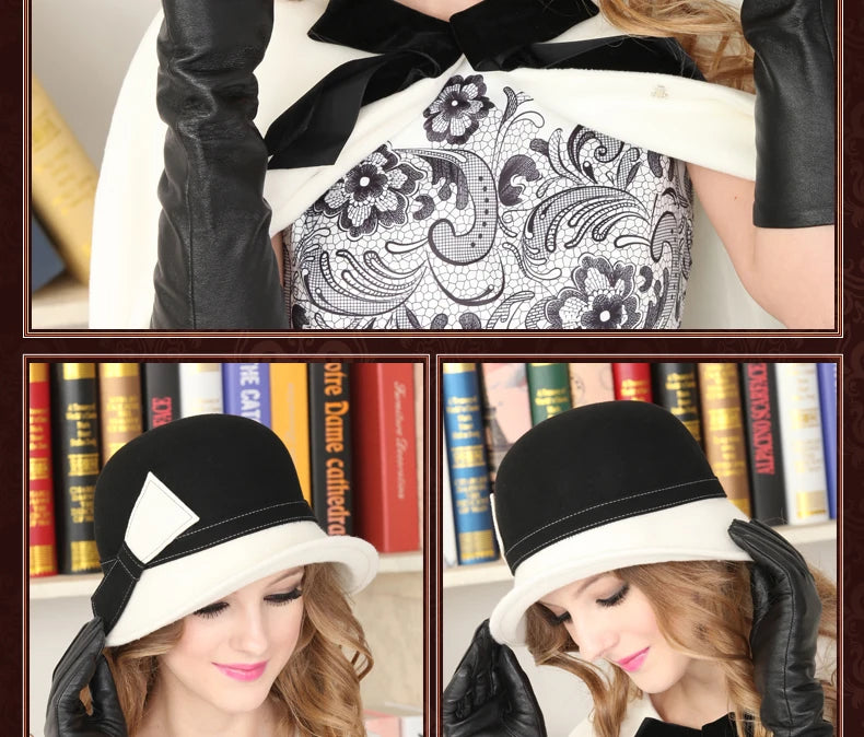 FS Wide Brim White Wool Felt Hats Bow Bowler Fedora Hat For Women Femme Tea Party Dress Cloche Ladies Church Fedoras Caps Hat