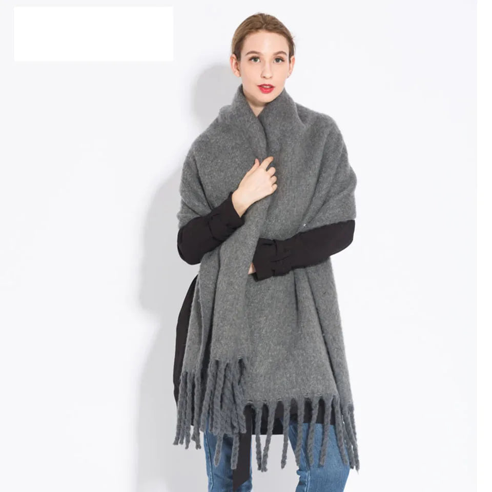 Solid Color Women Thick Shawl Scarf Winter Warm Fashion Pashmina Scarves Long Tassel Hijab Stole Bufanda Mujer