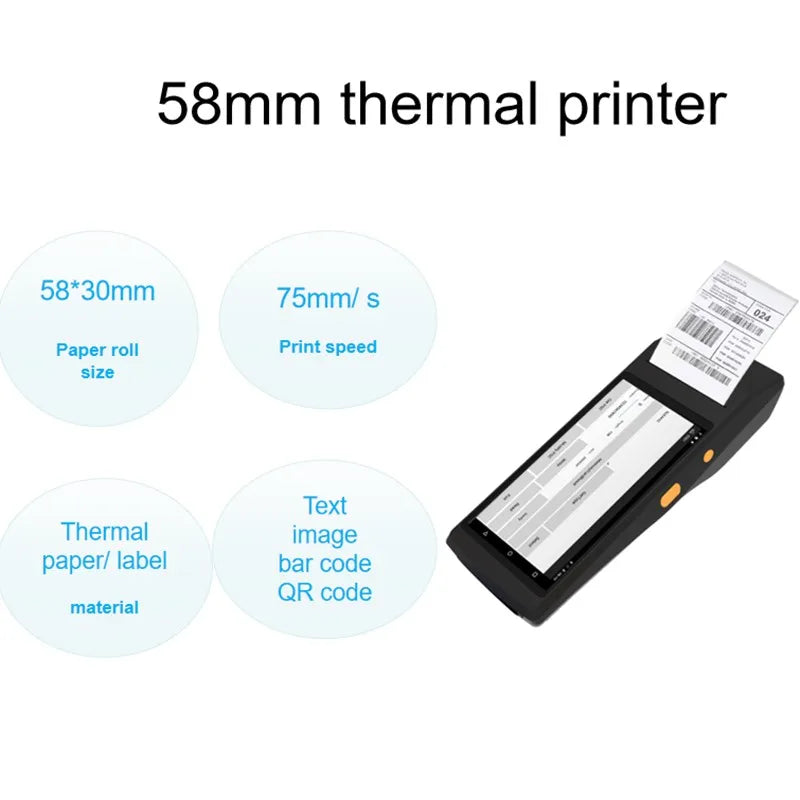 Android POS Terminal 58mm paper ticket label sticker printing Handheld 1D 2D barcode scanner with thermal printer