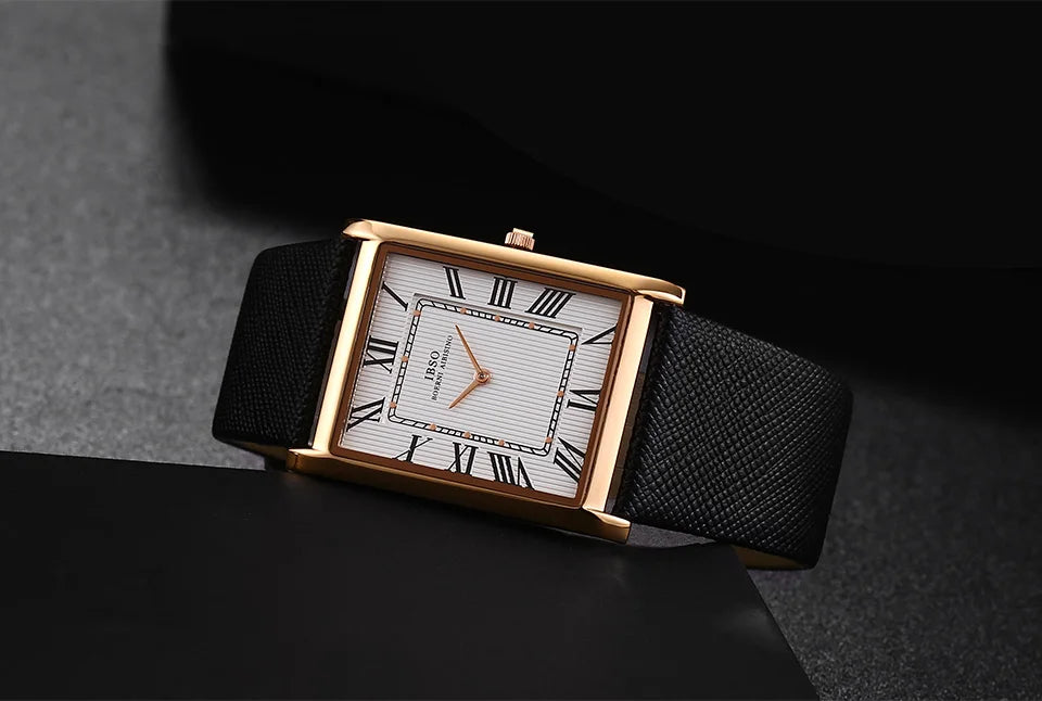 IBSO Ultra-Thin Rectangle Dial Men's Quartz Watch Luxury Business Style Genuine Leather Strap Waterproof New Men WristWatches
