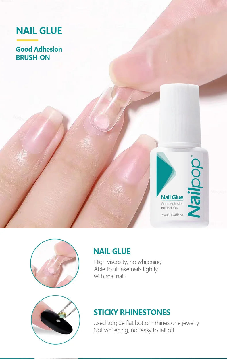 Nailpop Nail Glue for False Tips Glitter Acrylic Nail Art Adhesive Manicure Tool Rhinestone Glue Bottle Cap with Brush 2pcs