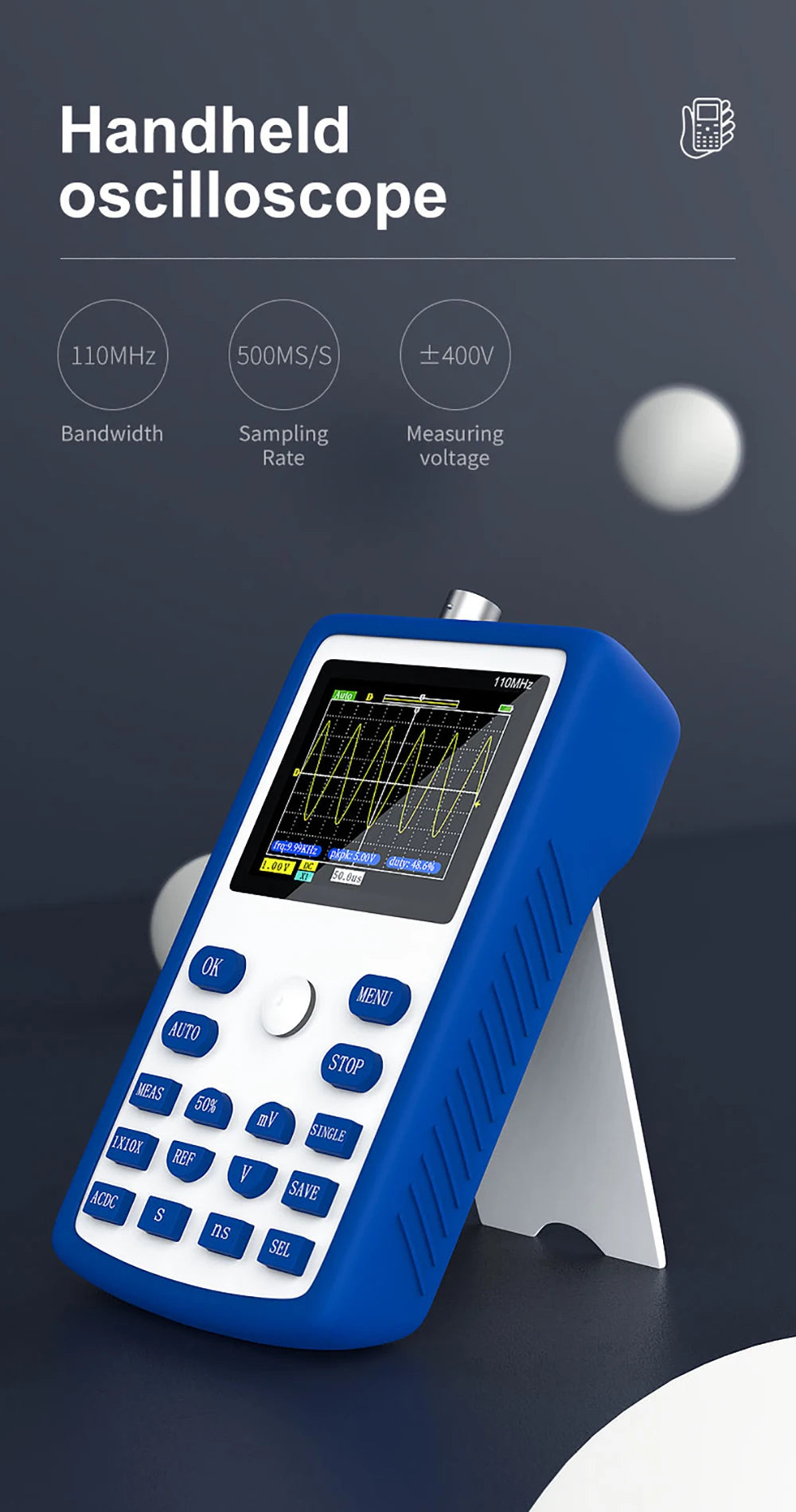 FNIRSI-1C15 Professional Digital Oscilloscope 500MS/s Sampling Rate 110MHz Analog Bandwidth Support Waveform Storage