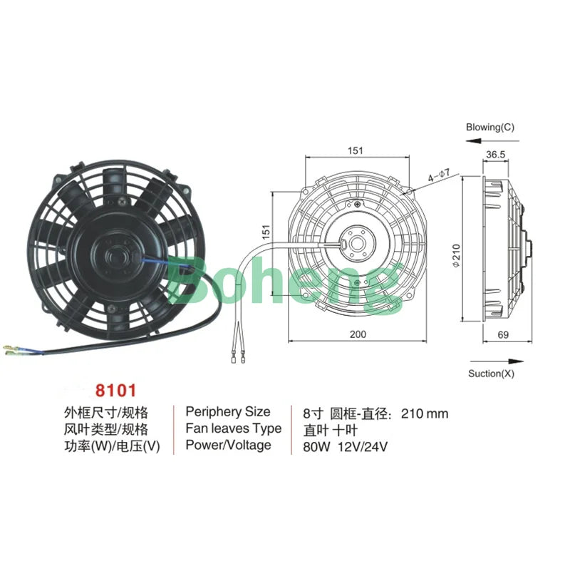 Automobile air conditioner cooling electronic fan,condenser fan 8,9,10,12,14 inches,80W  12v/24V