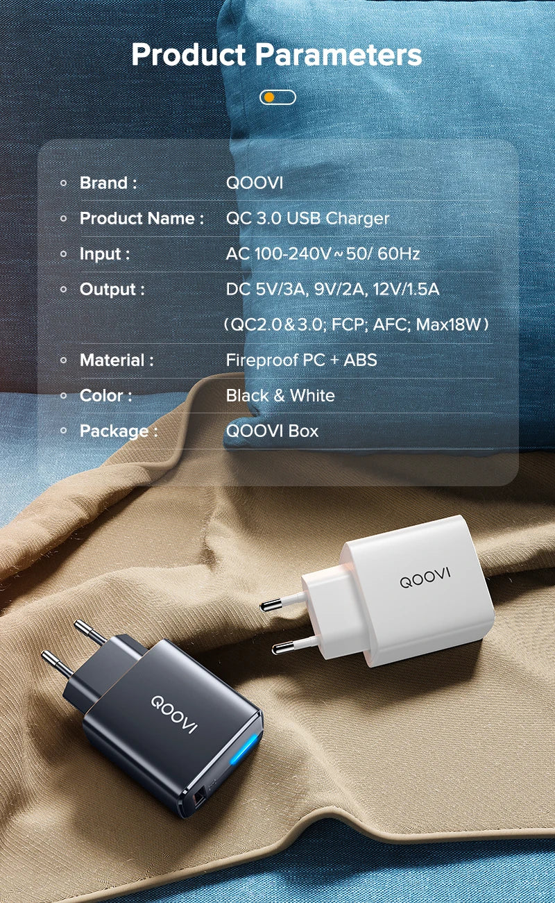 QOOVI 3A USB Wall Charger 18W Quick Charge 3.0 QC Fast Charging Adapter Mobile Phone Charger For iPhone Samsung S10 Xiaomi Redmi