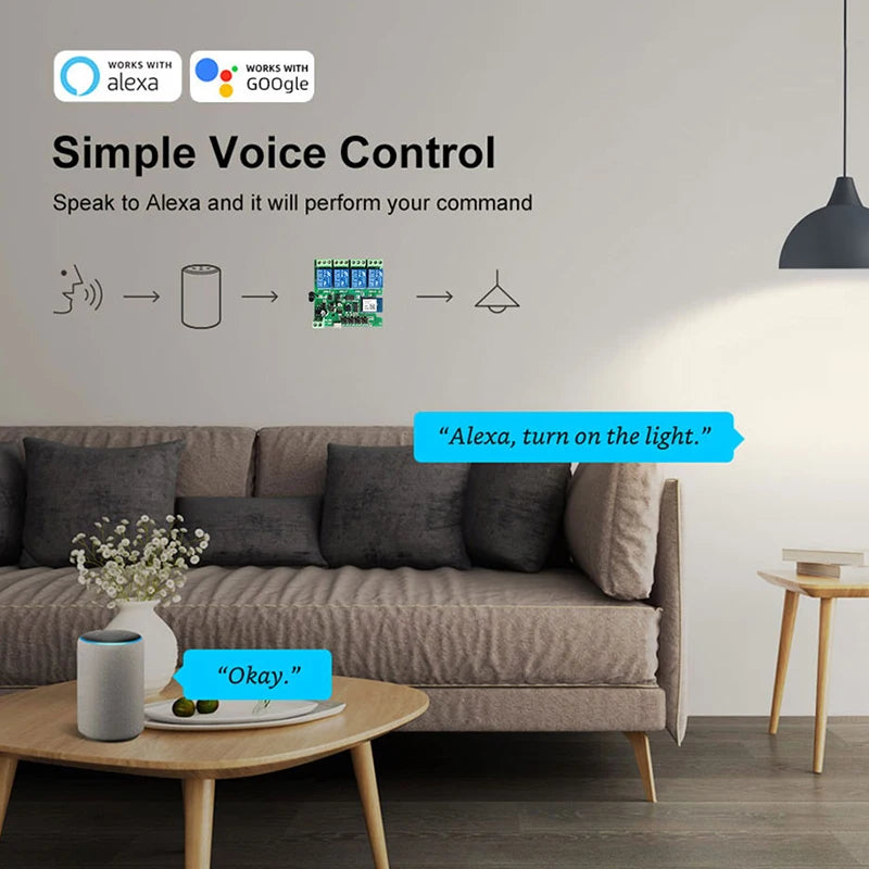 Tuya Smart 4 Channel WiFi RF Momentary Inching Relay Self-Lock Switch Module,DIY WiFi Garage Door Controller, Alexa Google Home
