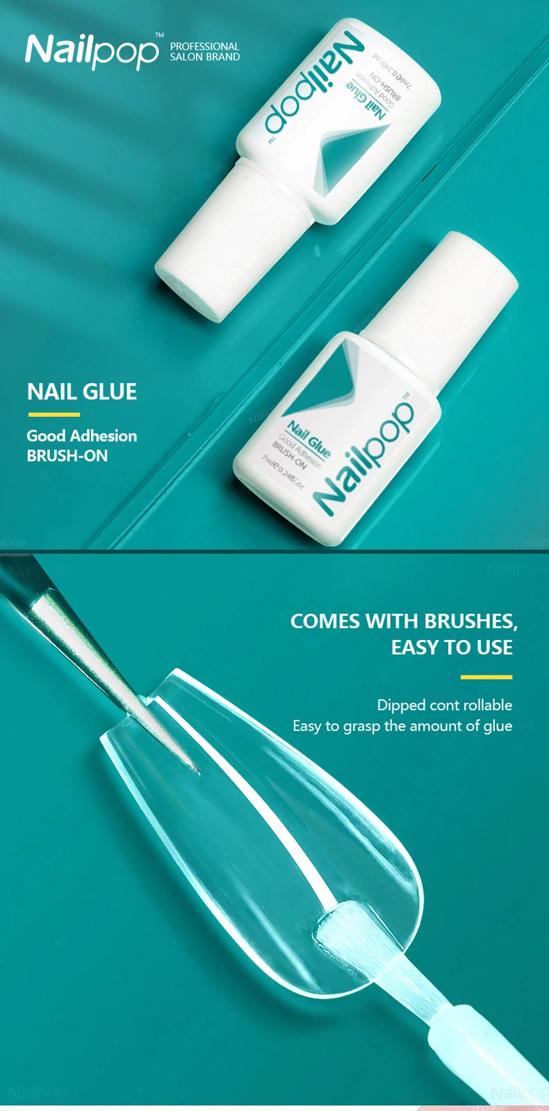 Nailpop Nail Glue for False Tips Glitter Acrylic Nail Art Adhesive Manicure Tool Rhinestone Glue Bottle Cap with Brush 2pcs