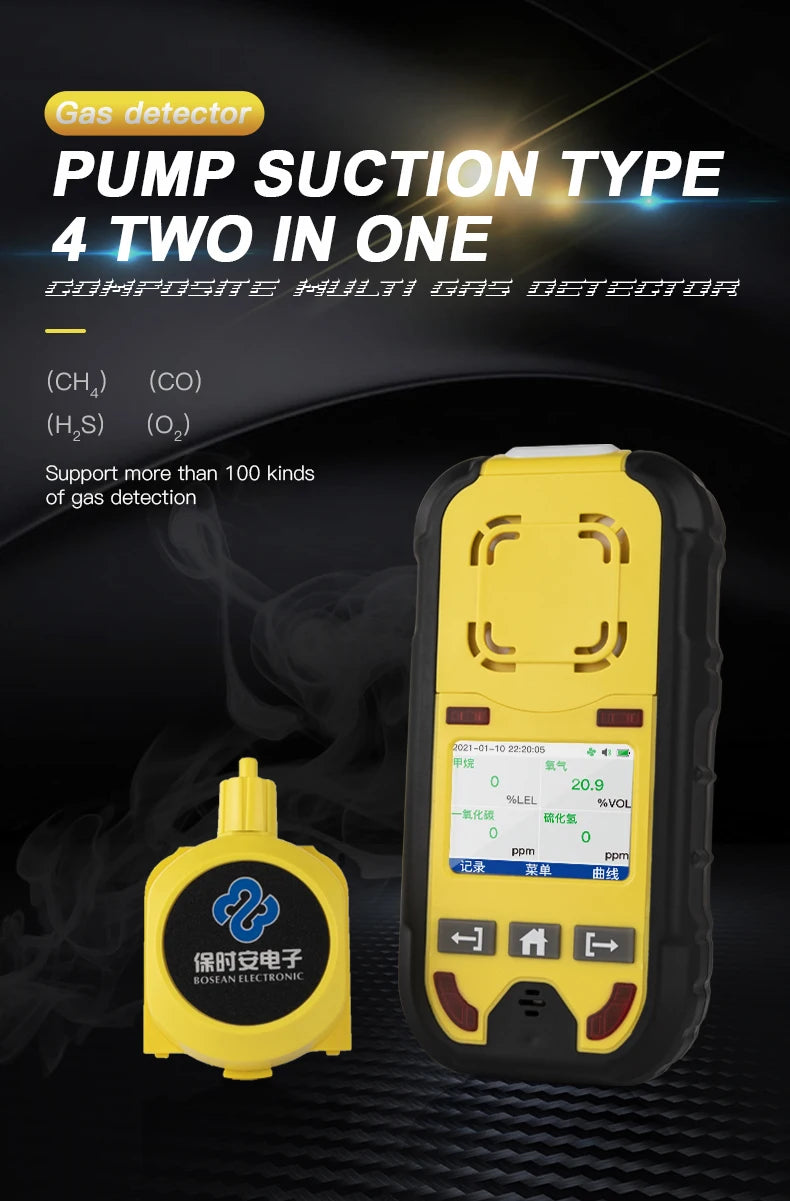 Bosean O2 H2S CO LEL 4 in 1 Oxygen Hydrogen Sulfide Carbon Monoxide Leak Detector Pump Multi Gas Detector Gas Meter