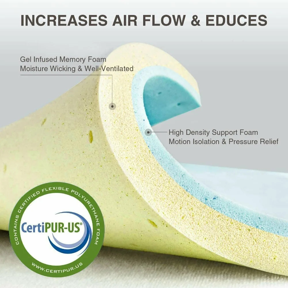 Premium Memory Foam Mattress Toppers with Zipper Bamboo Cover Soft Gel Foam Bed King Queen Twin FUll Size Mattress Help Sleep