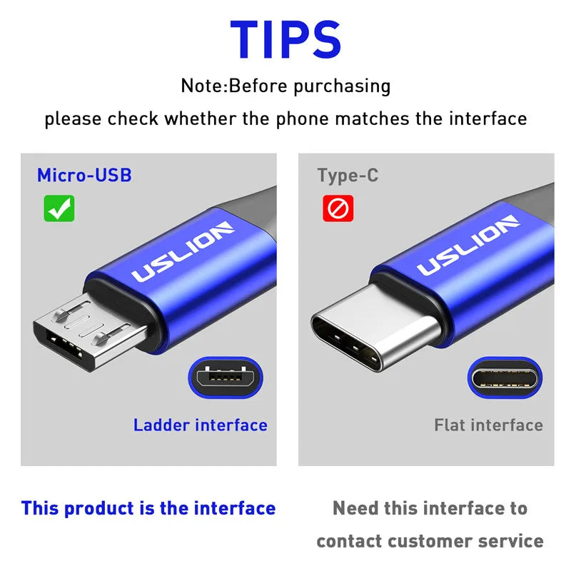 USLION Black Micro USB Cable Fast Charging For Xiaomi Android Mobile Phone Data Cable for Samsung Micro USB Charger Wires 3M/2M